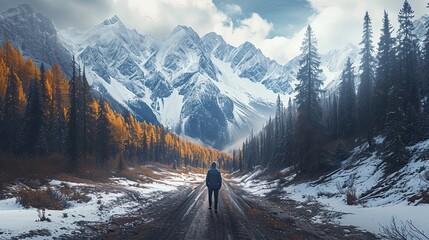 A composite image of a traveler standing at the crossroads of diverse terrains  from snowy mountains to lush forests. Rich, natural colors emphasize the beauty and variety of landscapes.  - obrazy, fototapety, plakaty