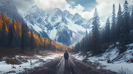 Foto auf Acrylglas Grau 2 A composite image of a traveler standing at the crossroads of diverse terrains  from snowy mountains to lush forests. Rich, natural colors emphasize the beauty and variety of landscapes. 