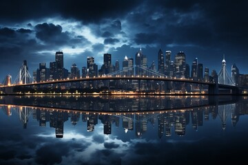 Night cityscape reflected in water creates stunning skyline view