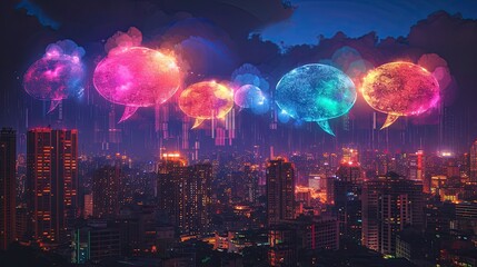 Speech bubbles filled with intriguing snippets of gossip floating above a city skyline at night. Neon lights and vibrant colors evoke the energy of urban nightlife, drawing inspiration from pop art.