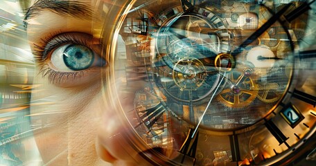 Close-up portrait of a young woman with watch. Time concept. A composite image of a watch doubled through clever photo manipulation, showcasing a creative interpretation .