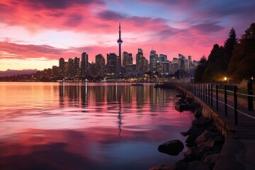 Fototapeta na wymiar Toronto skyline mirrors in water at dusk, blending buildings with the sky