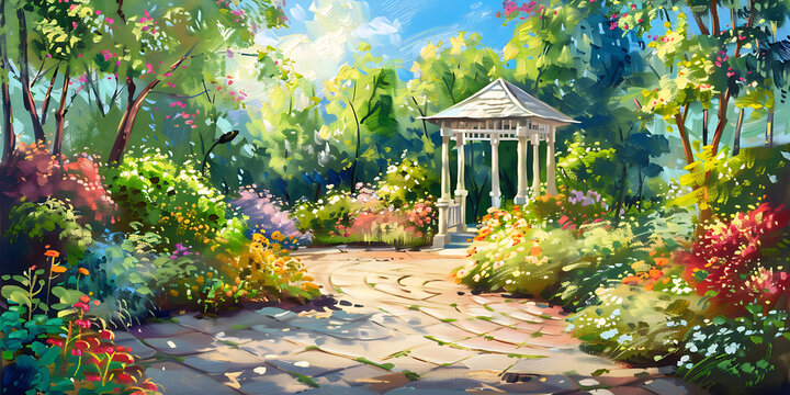Illustration of elegant garden with small kiosk in background