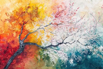 Abstractart of the four seasons showcasing a fusion of colors and textures to depict the transition from spring to winter