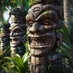 Wooden Tiki Statues, Polynesian Cultural Art, Tropical Setting