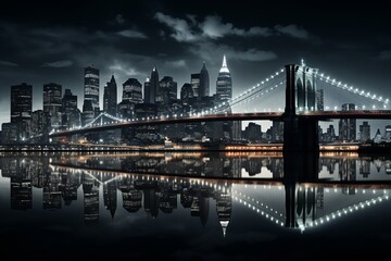 Nighttime cityscape with skyscrapers, bridge, and water under a midnight sky