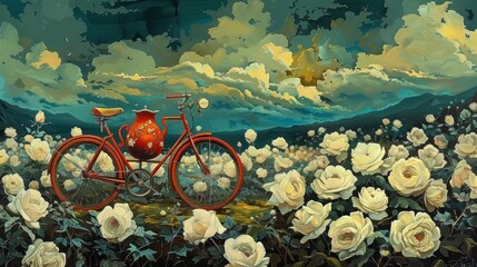 Teapot-Shaped Bicycle Ride Through Towering White Roses Field in a Surrealistic 1960s-Inspired Acrylic Painting - obrazy, fototapety, plakaty
