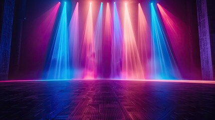 Modern stage background with neon spotlight illuminated. Empty stage with dynamic color. Stage...