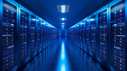 Server room with blue lights, data center technology, network infrastructure - obrazy, fototapety, plakaty