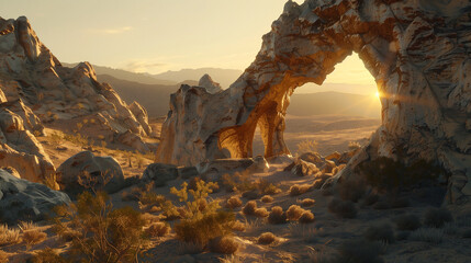 Desert sunrise through a natural stone arch, tranquil wilderness - obrazy, fototapety, plakaty