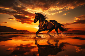 Obraz na płótnie Canvas A Horse Galloping on the Beach at Sunset