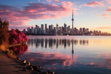 Toronto skyline mirrored in water at sunset, a captivating natural landscape