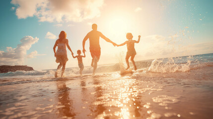 Joyful family playing in ocean waves at sunset, beach holiday - obrazy, fototapety, plakaty