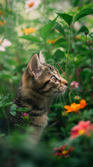 Naklejka na ściany i meble A kitten exploring a garden, hiding among the flowers and plants, playful and adventurous mood.