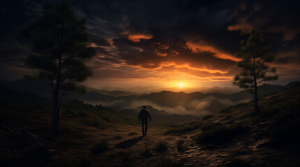 Silhouetted man walking in mountain landscape at sunset, adventure and exploration theme