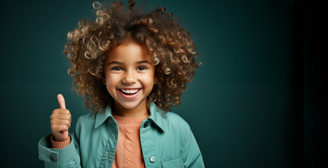 Foto de joven niña feliz con sonrisa y positiva.
Pulgar hacia arriba como recomendacion a anuncio aislado sobre fondo de color en blanco. - obrazy, fototapety, plakaty