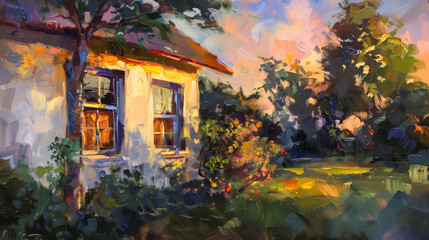 Impressionist painting of a rustic house at sunset, colorful garden and artistic brushwork - obrazy, fototapety, plakaty