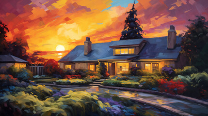Impressionist Sunset House, Warm Colorful Evening Glow, Idyllic Home Digital Painting