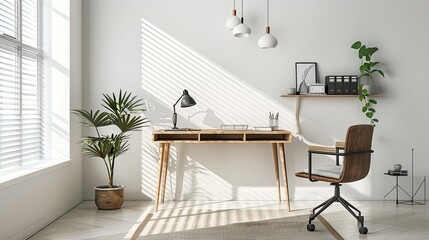 Modern home office with table and office chair and white wall. interior design of modern living...