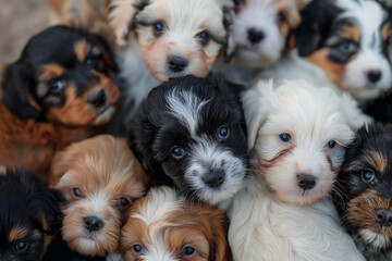 Cute Litter of Mixed Breed Puppies, Group Portrait, Soft Focus