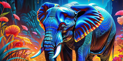 blue elephant with red and orange accents, standing in a lush, colorful jungle setting. The background is a mix of bright colors and patterns, including orange, pink, and purple flowers