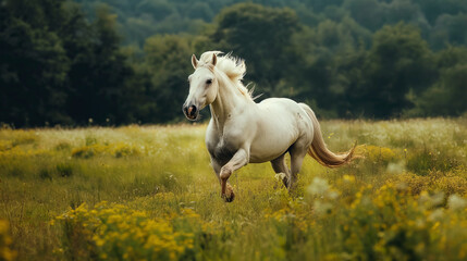 Majestic White Horse Galloping in Field, Wild and Free, Rural Landscape Background