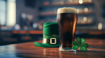St. Patrick's Day Concept, Dark Beer with Clover and Hat, Festive - obrazy, fototapety, plakaty