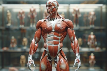 The muscular anatomy of the male body . 3d illustration