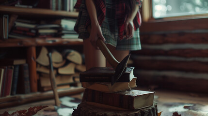 Splitting Books with an Axe, Conceptual Imagery in a Home Setting - obrazy, fototapety, plakaty