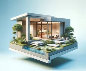 Illustration minimaliste d'une maison d'architecte moderne sur un socle en lévitation