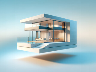 Illustration minimaliste d'une maison d'architecte moderne sur un socle en lévitation