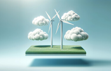 Illustration minimaliste d'éoliennes sur un socle en lévitation - obrazy, fototapety, plakaty