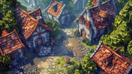 Charming Pixel Village, Daylight, Cobblestone Streets Surrounded by Nature