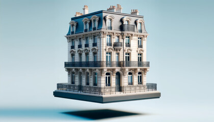Illustration minimaliste d'un bâtiment de style haussmannien sur un socle en lévitation