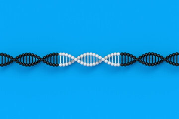 Row of DNA structure on blue background. Spiral molecule model. Genetic biotechnology. Medical innovation technology. Genome evolution. Top view. 3d render
