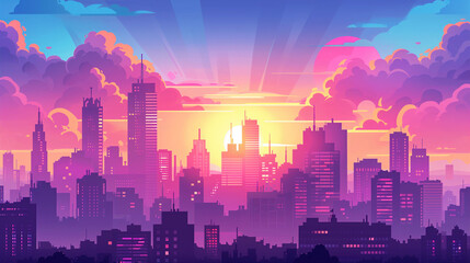 Fototapeta na wymiar Pixel Art Cityscape, Radiant Sunrise, Majestic Clouds with Copy Space