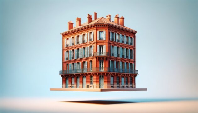 Illustration minimaliste d'un bâtiment en briques rouges sur un socle en lévitation