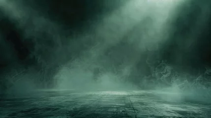 Fotobehang Dark green background fog and light on floor. Mystical mist. smoke in dark room. Banner show product  © Ilmi