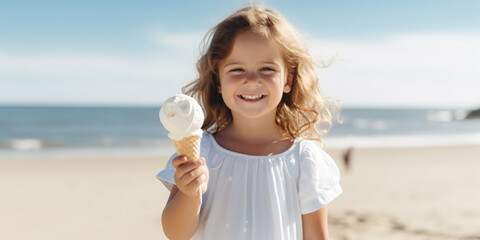 Fototapeta na wymiar Happy little girl is eating ice cream on the beach on a sunny day. Copy space