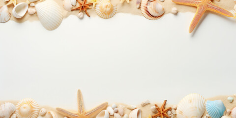 Fototapeta na wymiar Flowers and sea shells frame on sand background with starfish and copy space. Design template
