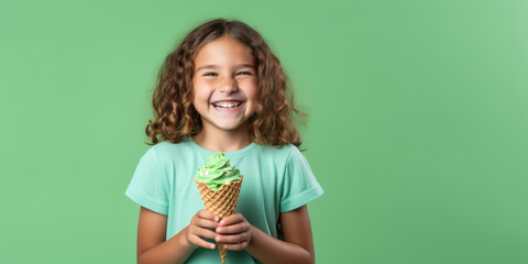 Young smiling girl is holding green ice cream waffle cone on green background - Powered by Adobe