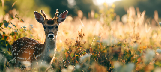 young deer in a summer meadow with copy space