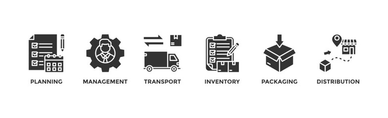 Logistics banner web icon vector illustration concept with icon of planning, management, transport, inventory, packaging, and distribution	