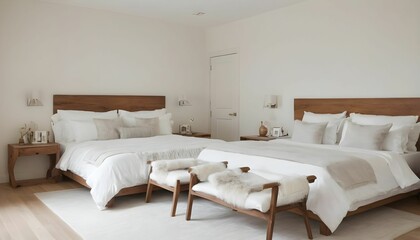 Fototapeta na wymiar white bedroom serves as the interior backdrop, featuring exquisite furnishings including natural wooden tables in a contemporary style created with generative ai 