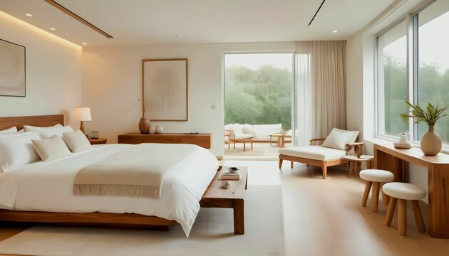 white bedroom serves as the interior backdrop, featuring exquisite furnishings including natural wooden tables in a contemporary style created with generative ai
