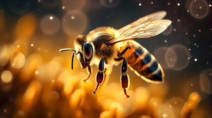 Close-up capture of a bee - obrazy, fototapety, plakaty