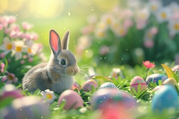 Happy Easter with bunny in the grass with flowers and easter eggs.