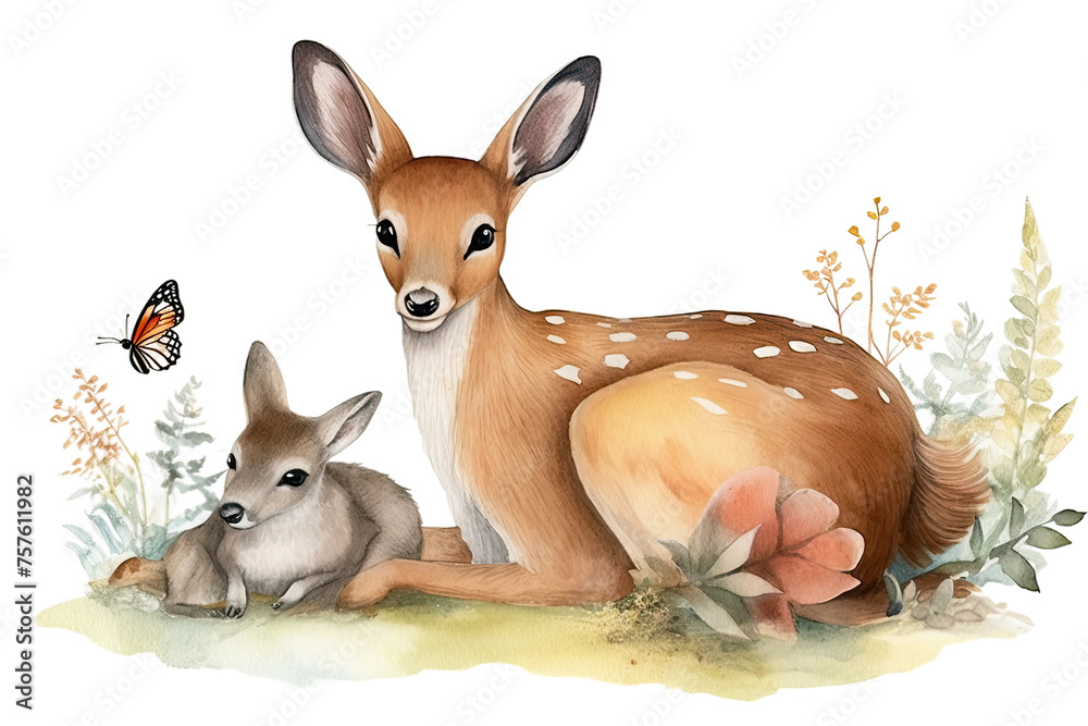 Wall mural deer watercolor hand cute scandinavian animals baby squirrel forest butterfly drawn poster woodland 