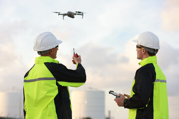 Blue collar work two engineers flying a drone over construction site survey civil construction, engineering, and technology 