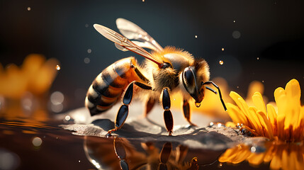 Close-up capture of a bee - obrazy, fototapety, plakaty